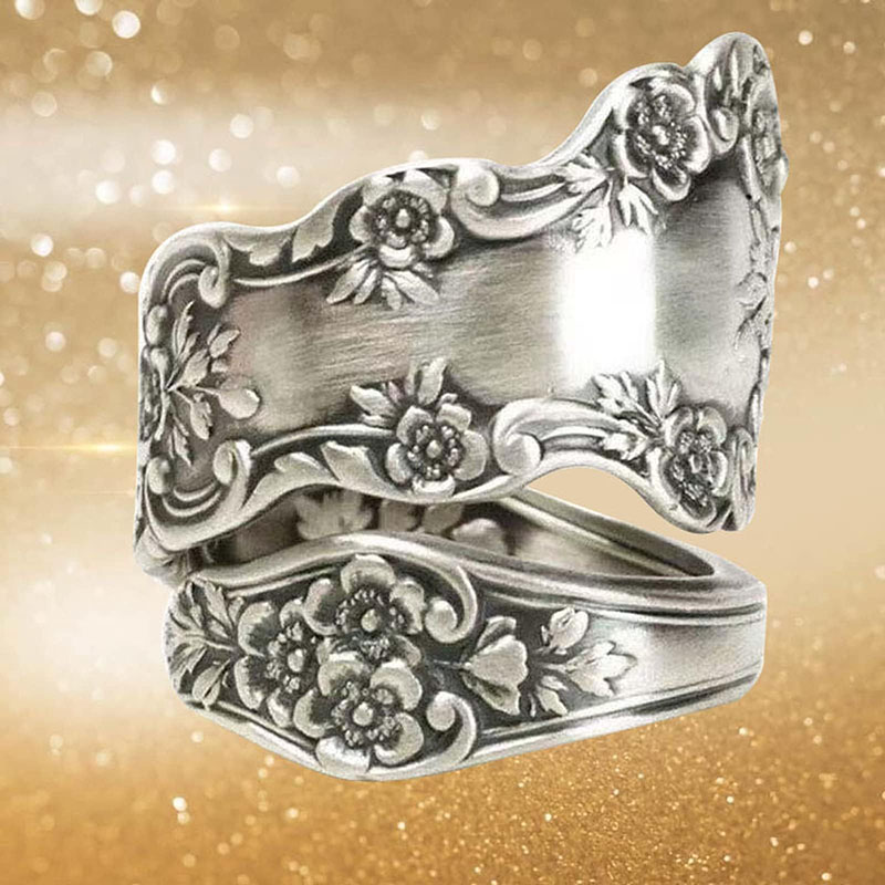 Hongde 925 Sterling Silver Oxidovaný kroužek se lžičkou Nastavitelný kroužek \\„Jazyk vintage květin\\\