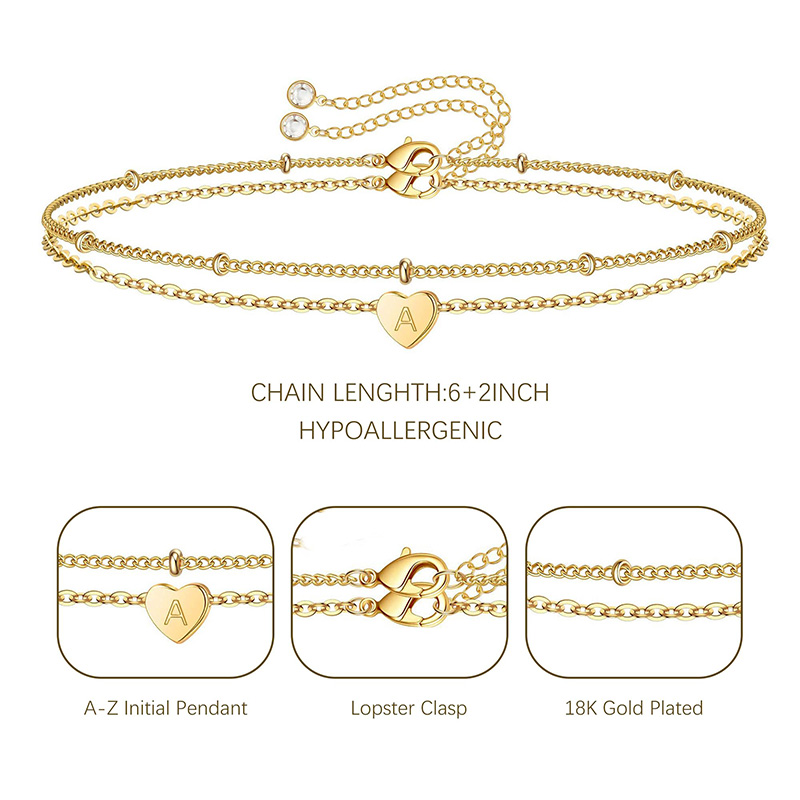 Náramek Hongde Golden Heart 18K pozlacené písmeno A-Z Počátečnínáramek Srdce Náramek Stohy